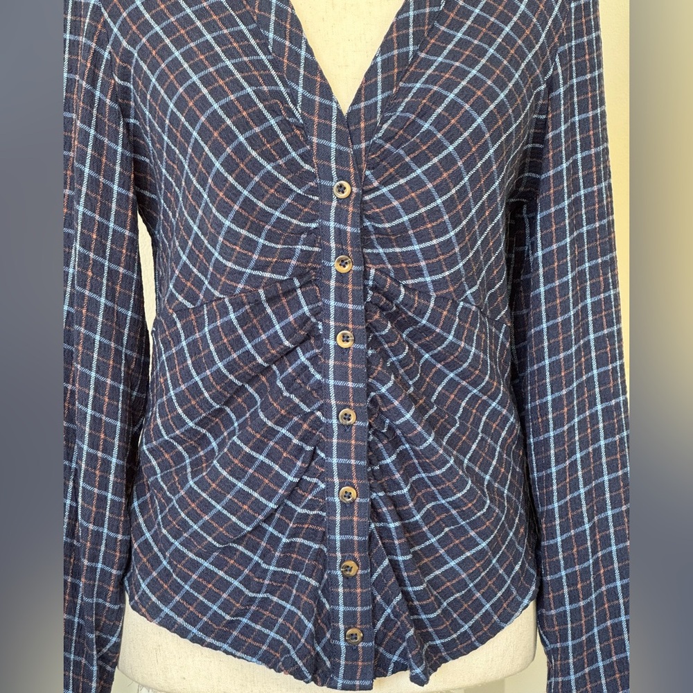 Anthropologie Pilcro Keaton Plaid Ruched Long Sleeve Collared Blouse Blue Sz S - Picture 6 of 15